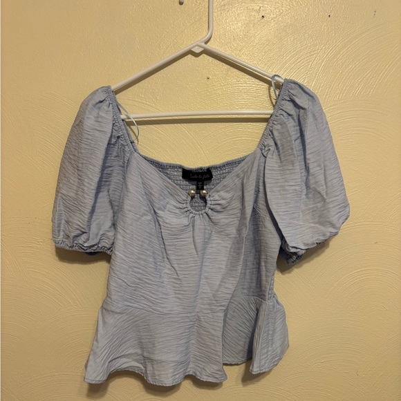 Chic Light Blue Puff Sleeve Blouse - Picture 1 of 8